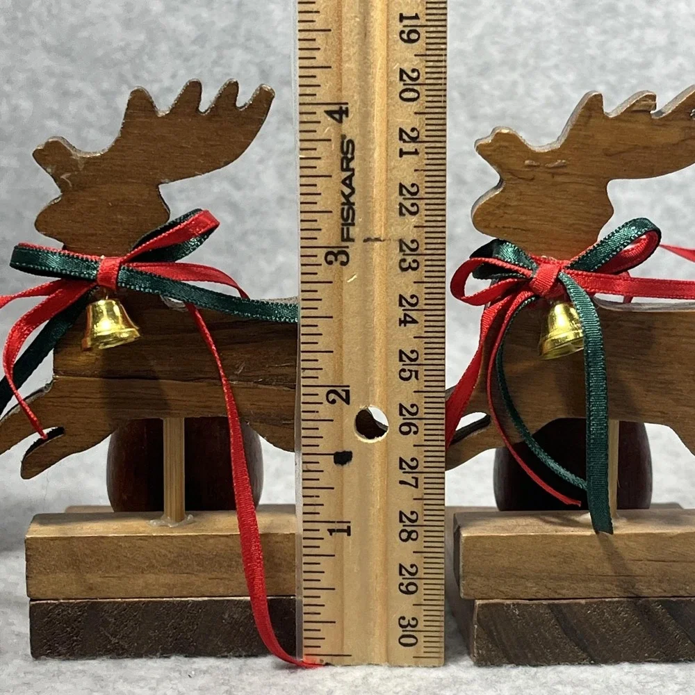 Vintage Christmas Around the World Wood Sleigh Reindeer Taper Candle Holders Set